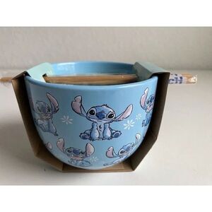 Disney Lilo And Stitch Floral  Ramen Ceramic‎ Bowl With Chopsticks 20 Oz NEW